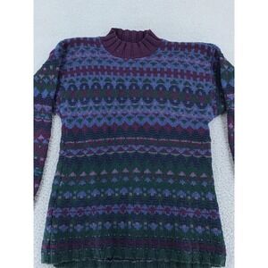 Vintage LL Bean Sweater Mens M LONG Purple Green Fair Isle Knit Pullover USA 90s
